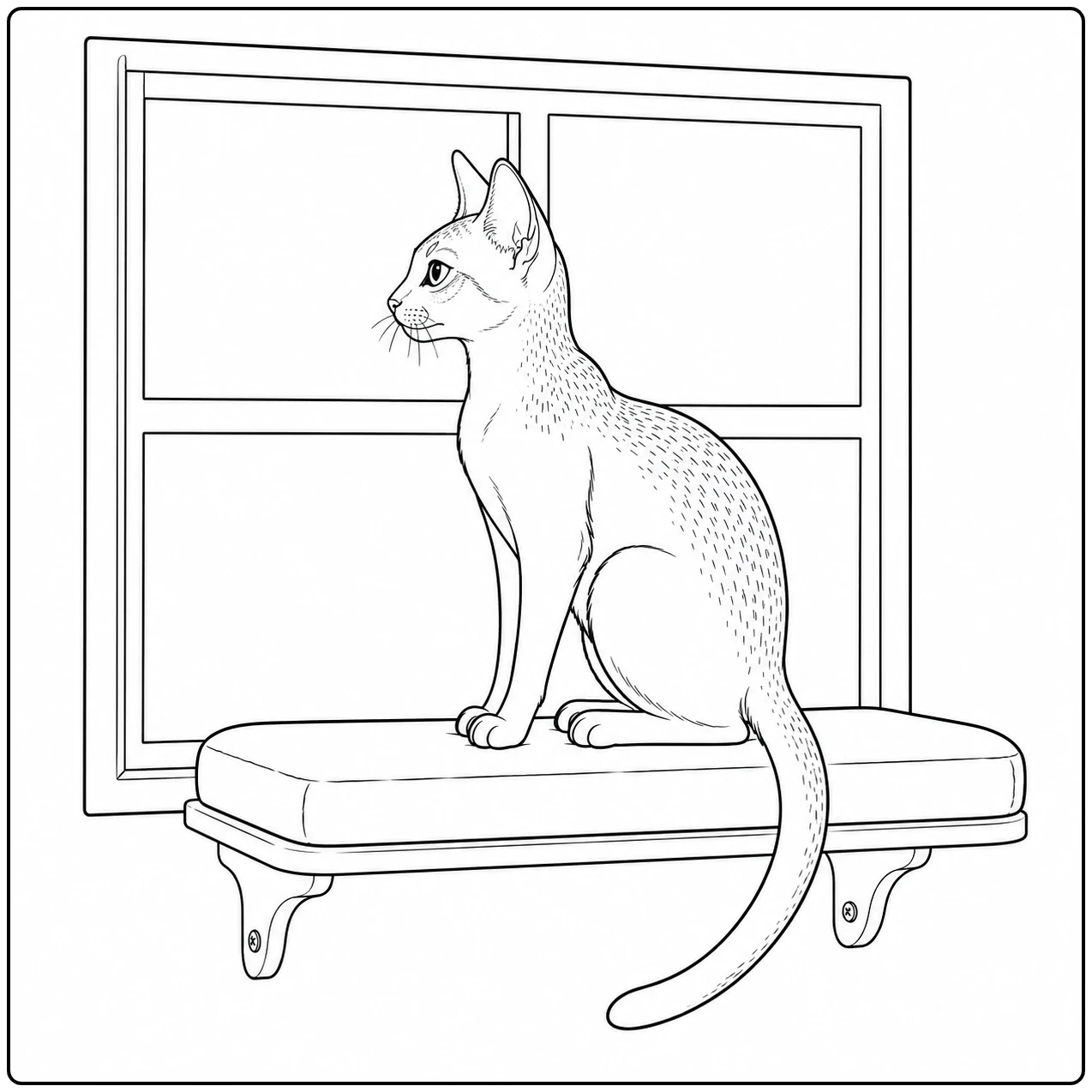 Kat zit in profiel op een kussen voor het raam, rustig tafereel voor kleurplaat abessijn.