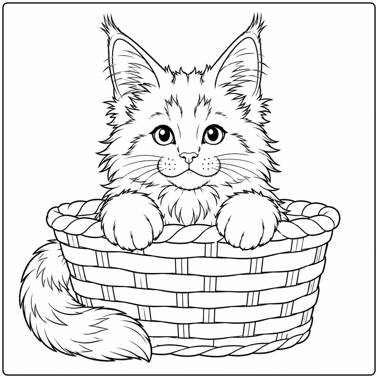 Jonge Maine Coon zit met beide voorpoten op de rand van een gevlochten mand.