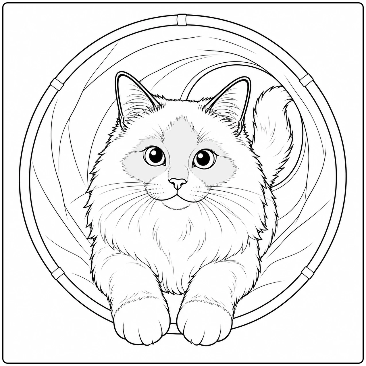 Pluizige kat met ronde ogen kijkt door een cirkel; deze kleurplaat heilige birmaan toont twee pootjes over de rand.