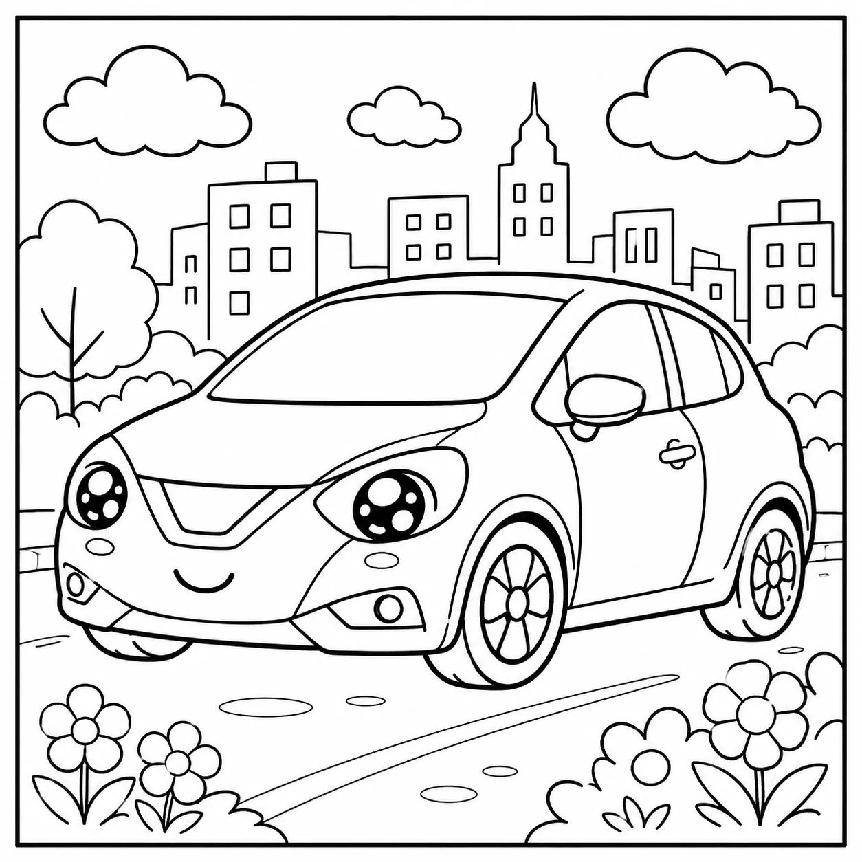 Kleine Nissan stadsauto met bloemen en een speelse achtergrond voor jonge kinderen
