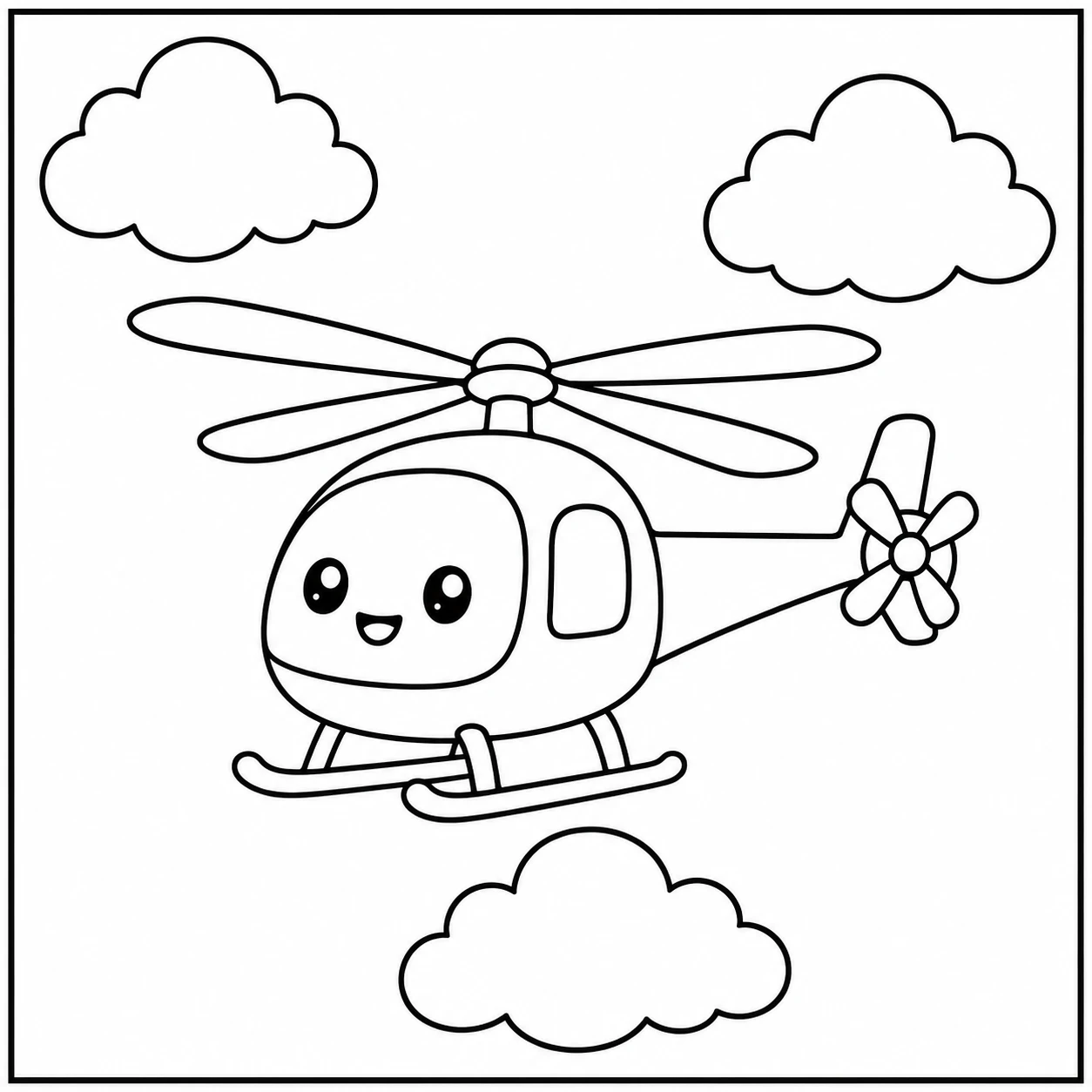 Kleine kawaiihelikopter vliegt tussen vier zachte wolken met een vrolijk gezicht