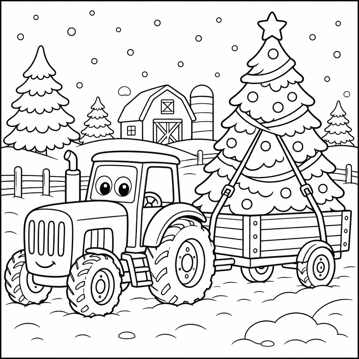 Kleurplaat tractor met aanhanger waarop een kerstboom wordt vervoerd in een winters tafereel