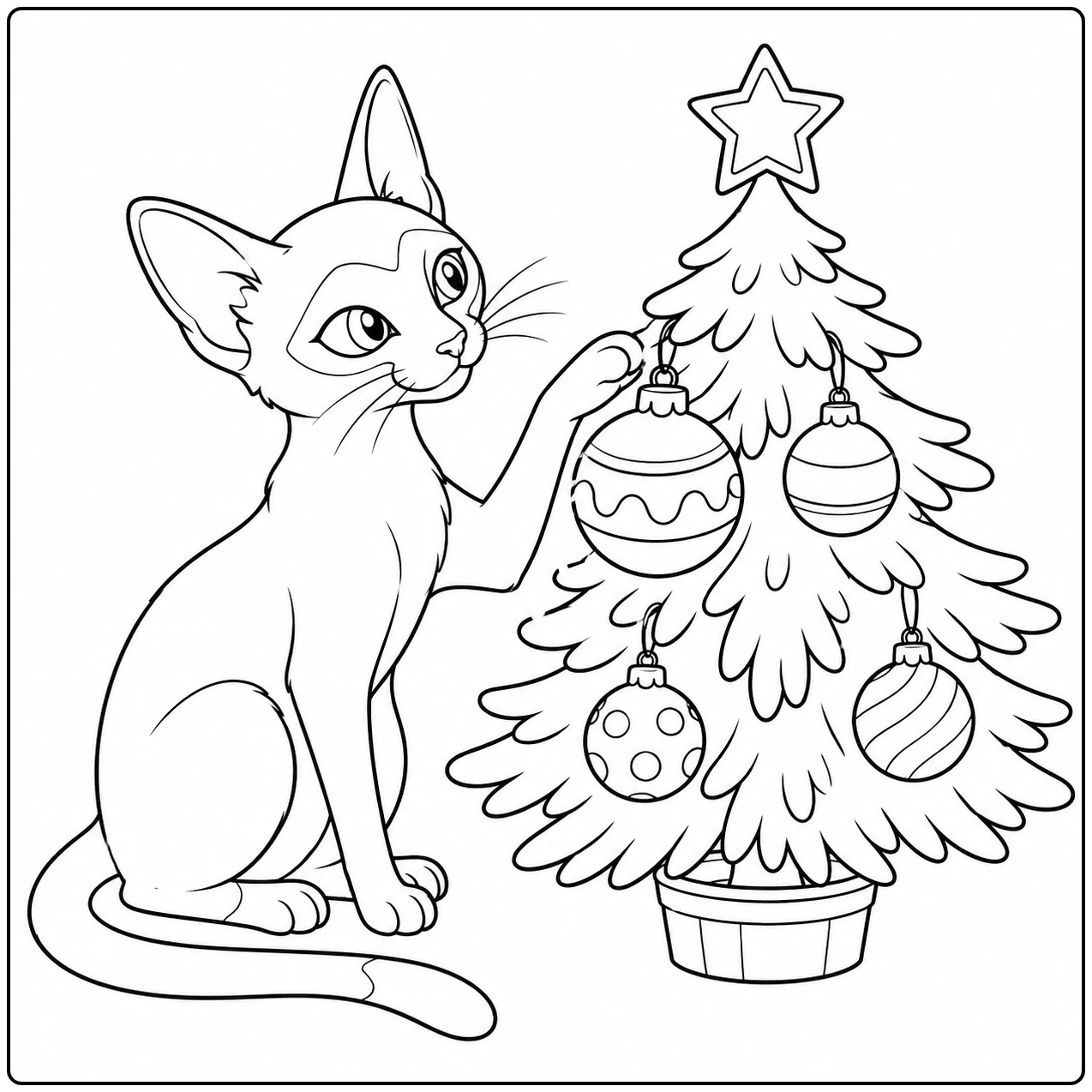 Nieuwsgierige kat bekijkt de kerstballen aan een versierde kerstboom met ster