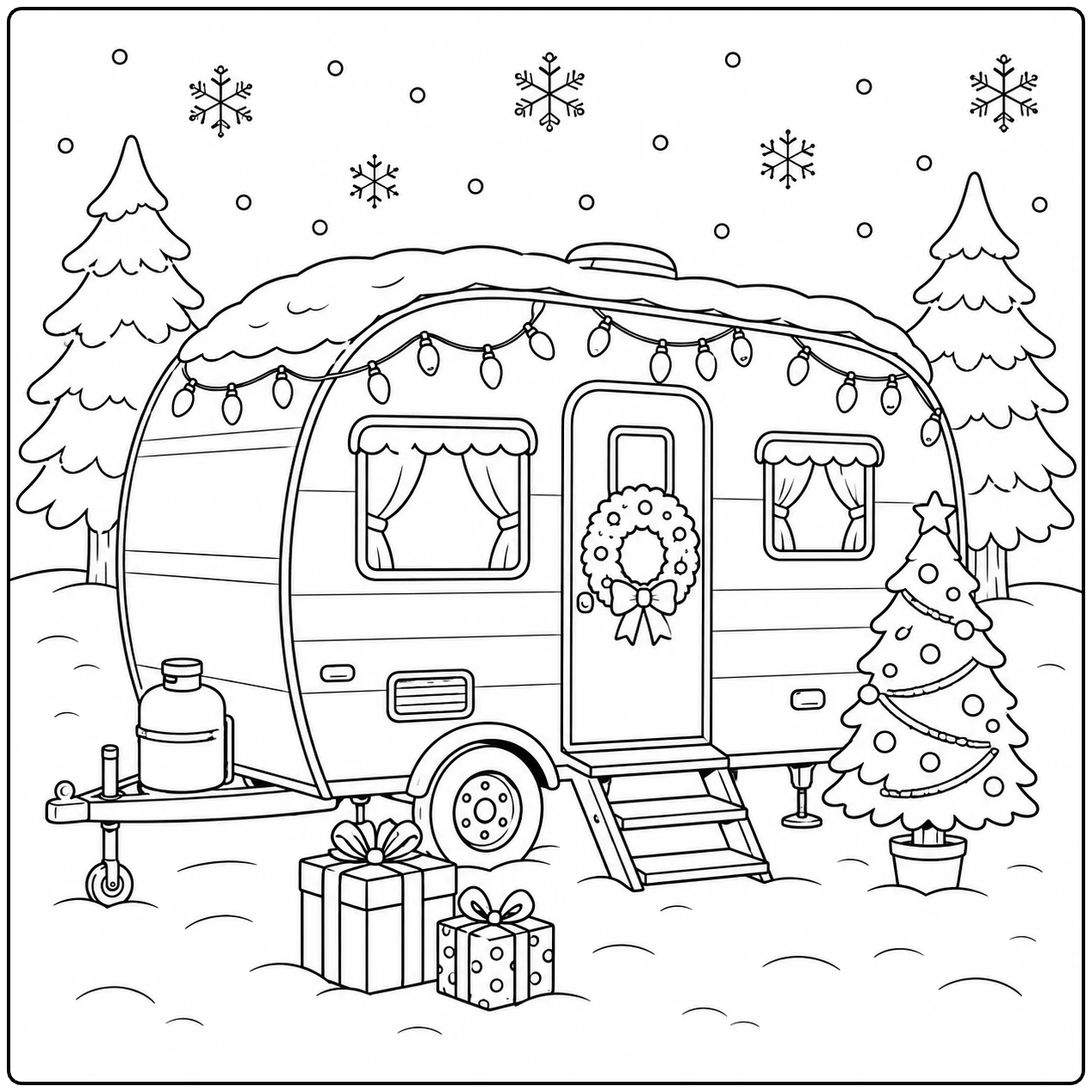 Besneeuwde kleurplaat caravan met kerstkrans, lichtjes, cadeaus en een kleine kerstboom.