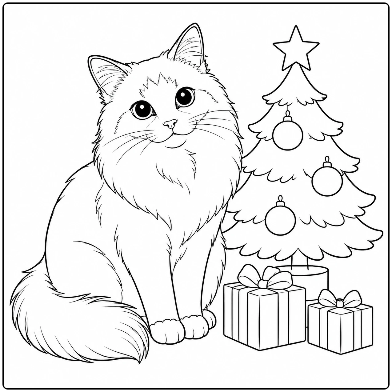 Een feestelijke kleurplaat heilige birmaan toont een zittende kat naast een versierde kerstboom en cadeautjes.