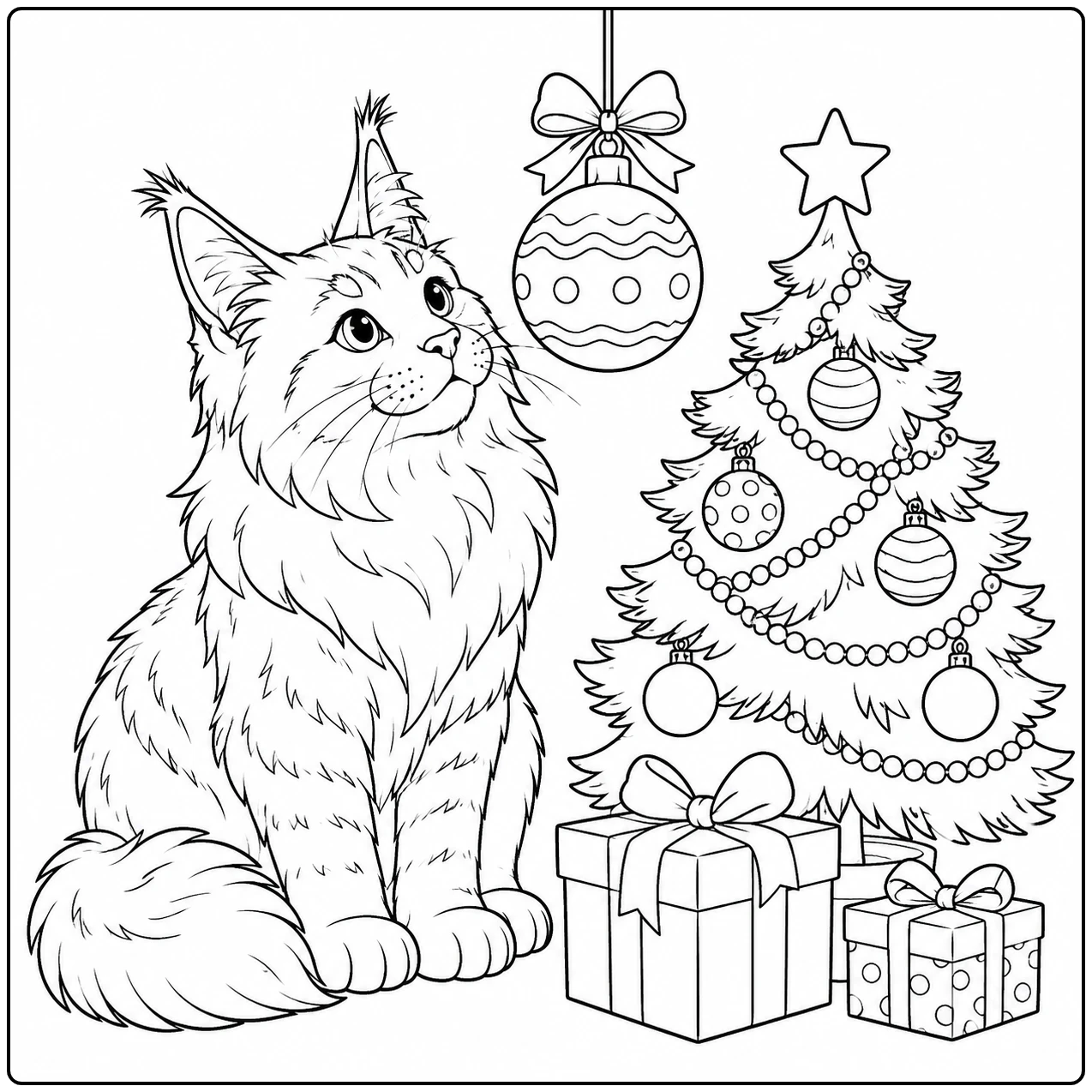 Kersttafereel met een kleurplaat maine coon naast een versierde boom en cadeautjes.