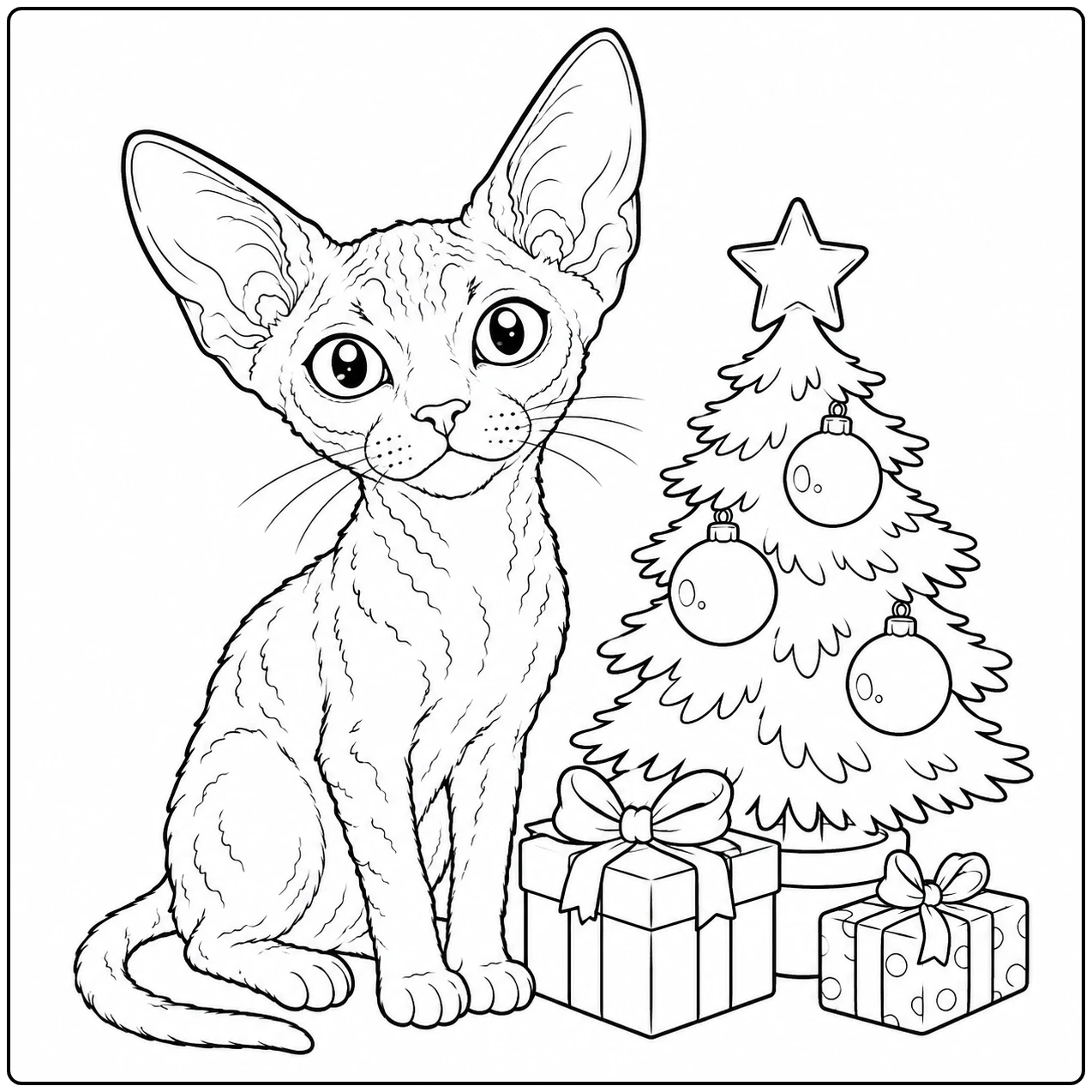 Zittende kat naast een versierde kerstboom en cadeaus in deze kleurplaat devon rex.