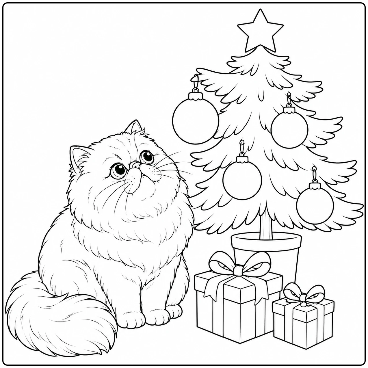 Feestelijke kleurplaat perzische kat naast een versierde kerstboom met cadeautjes.