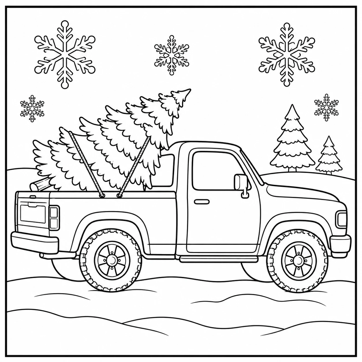Een besneeuwde kleurplaat pickup truck vervoert een kerstboom tussen sneeuwvlokken en dennen.