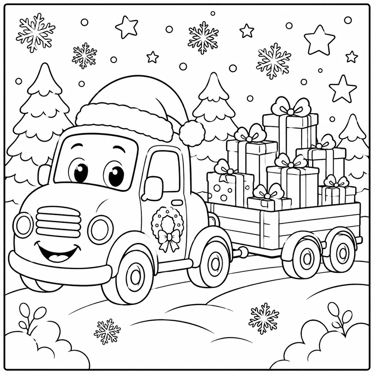 Lachende kersttruck vervoert een aanhanger vol cadeaus tussen sneeuwvlokken en sterren.