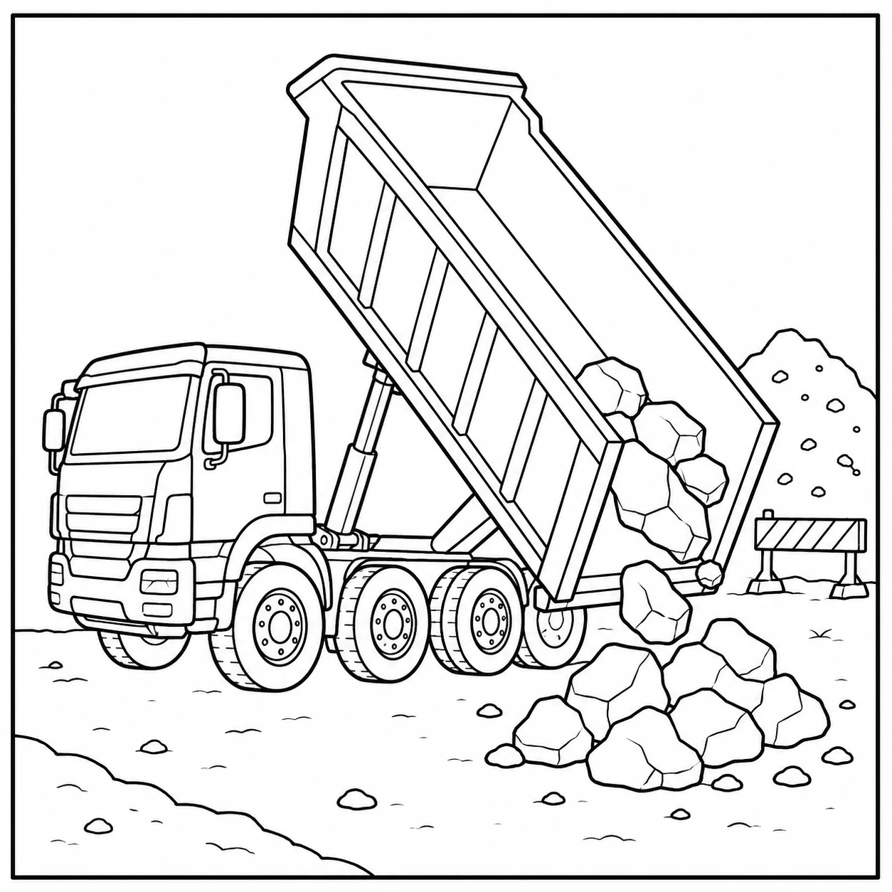 Kiepwagen stort grote rotsblokken uit een geheven laadbak, ideaal als kleurplaat vrachtwagen mercedes.
