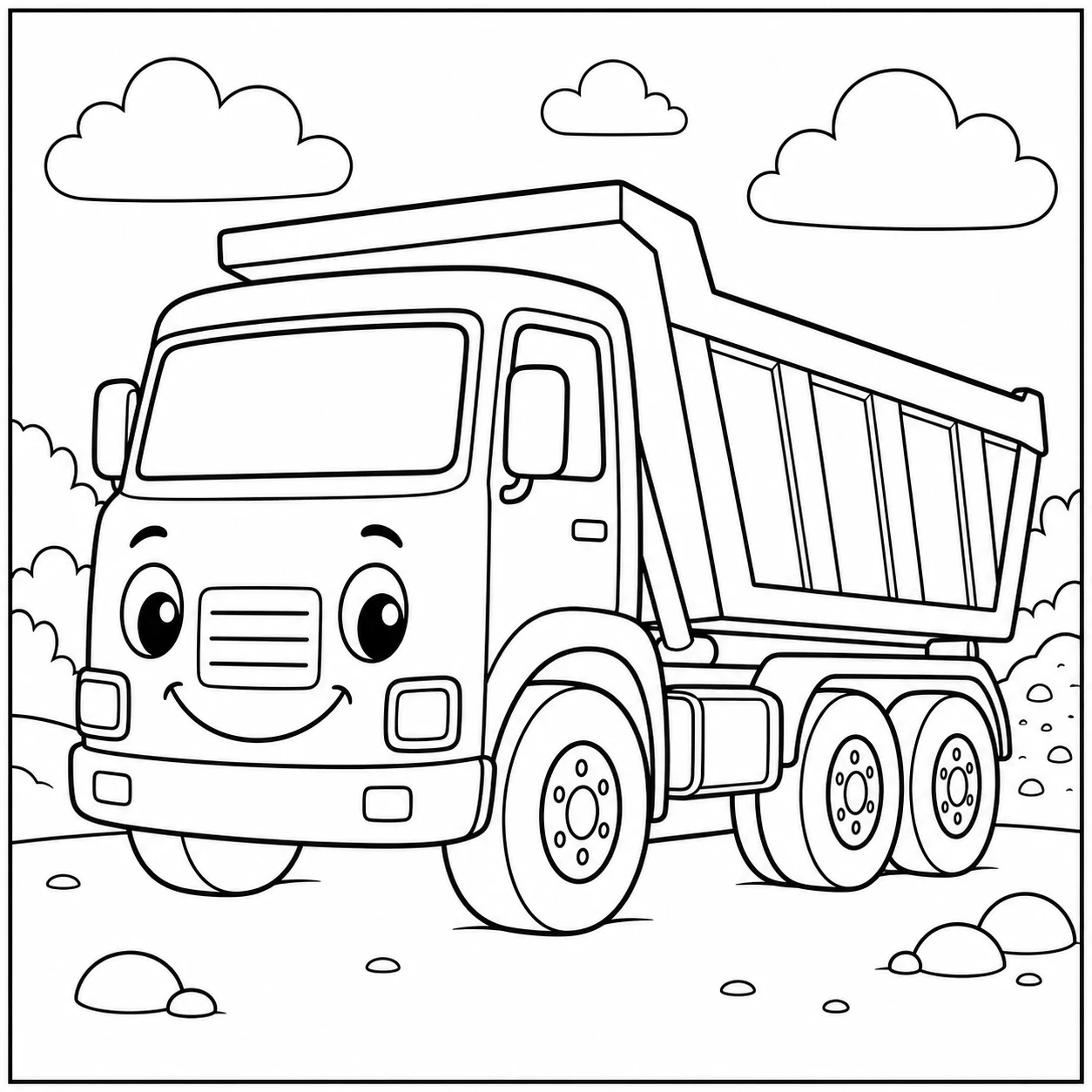 Kiepwagen met een vrolijk gezicht en brede wielen rijdt over een eenvoudig terrein
