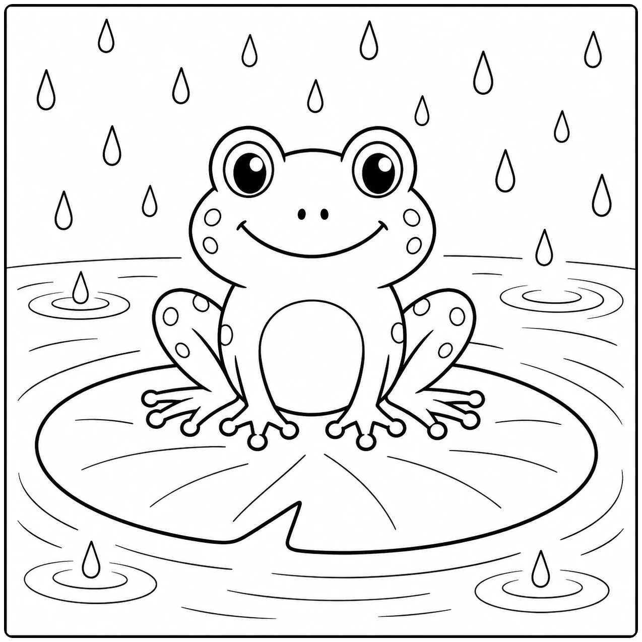 Kikker zit op een waterlelie terwijl regendruppels kringen in de vijver maken