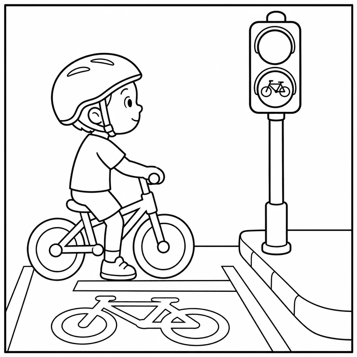 Kind met fietshelm wacht in het fietsvak naast een verkeerslicht met duidelijk fietssymbool