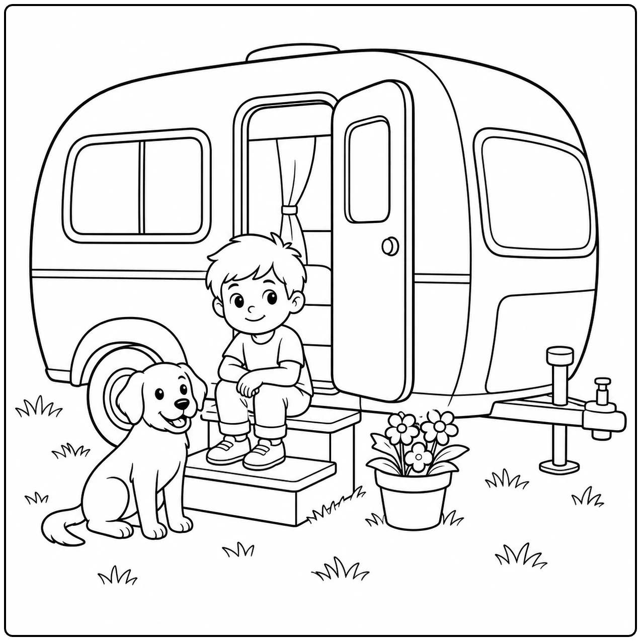 Kind zit met een vriendelijke hond op de brede treden van een geparkeerde caravan