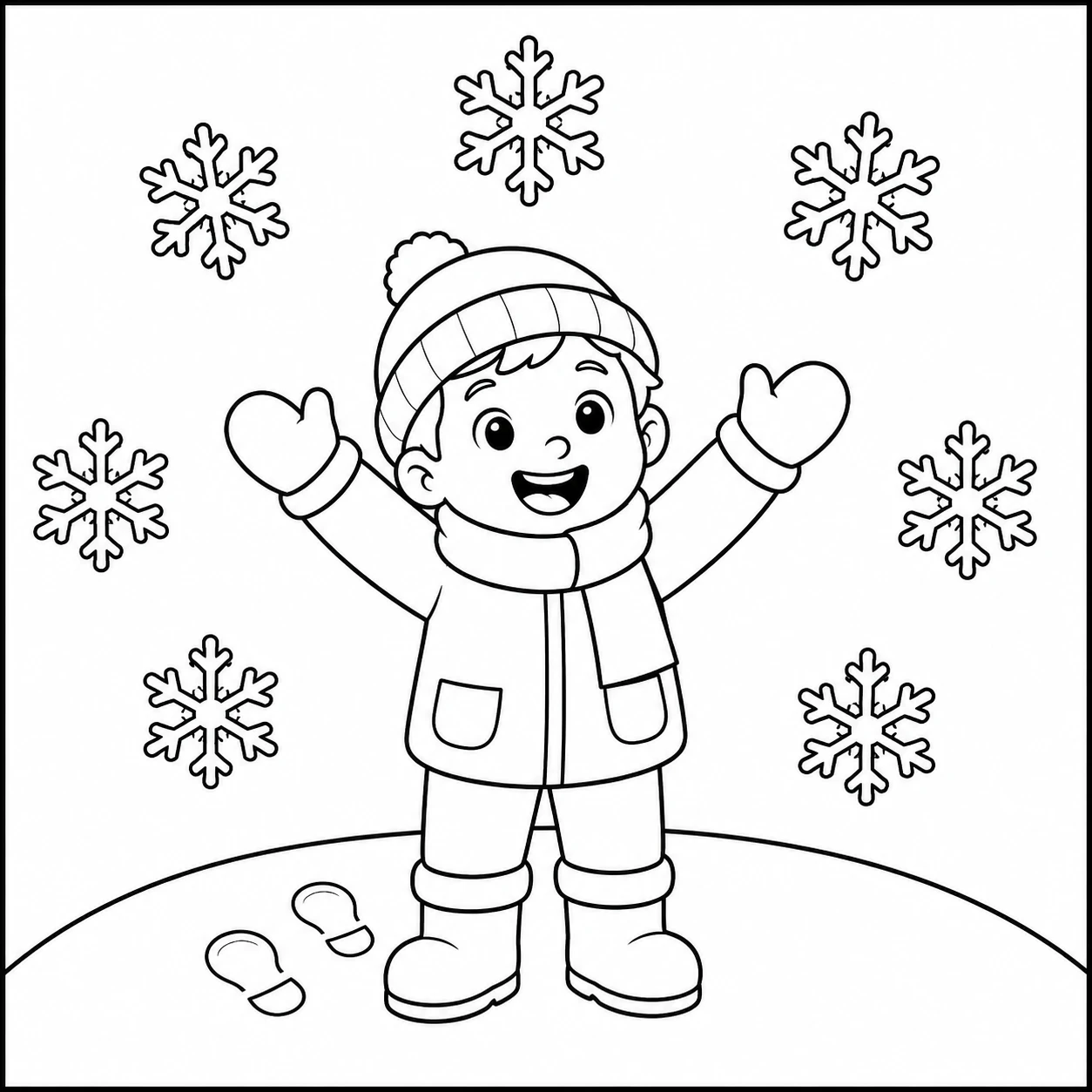 Warm aangekleed kind staat met opgeheven armen tussen grote sneeuwvlokken op een winterse heuvel