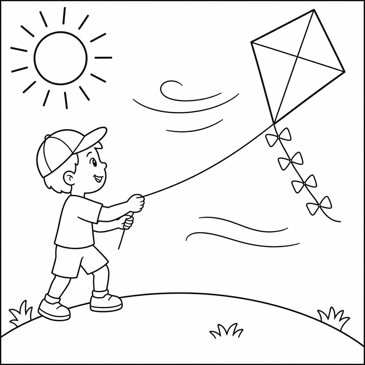 Een kind laat een vlieger op bij een zonnige heuvel, een eenvoudige kleurplaat zon voor buitenpret.