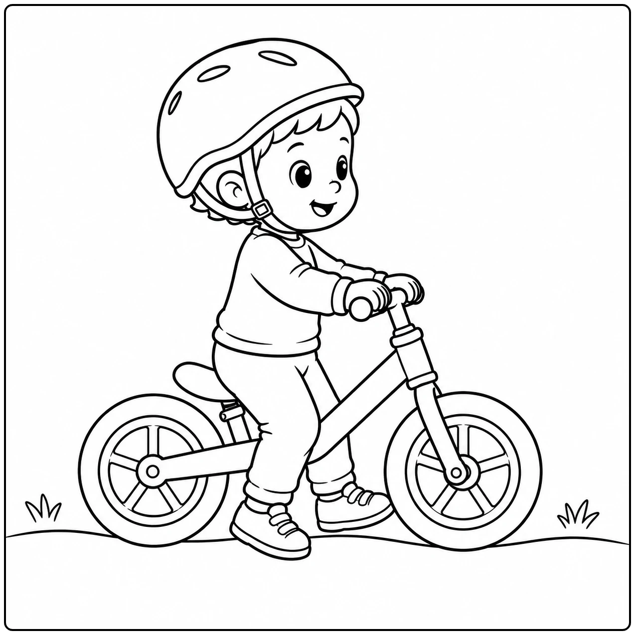 Jong kind met fietshelm rijdt op een loopfiets en houdt beide handen stevig aan het stuur