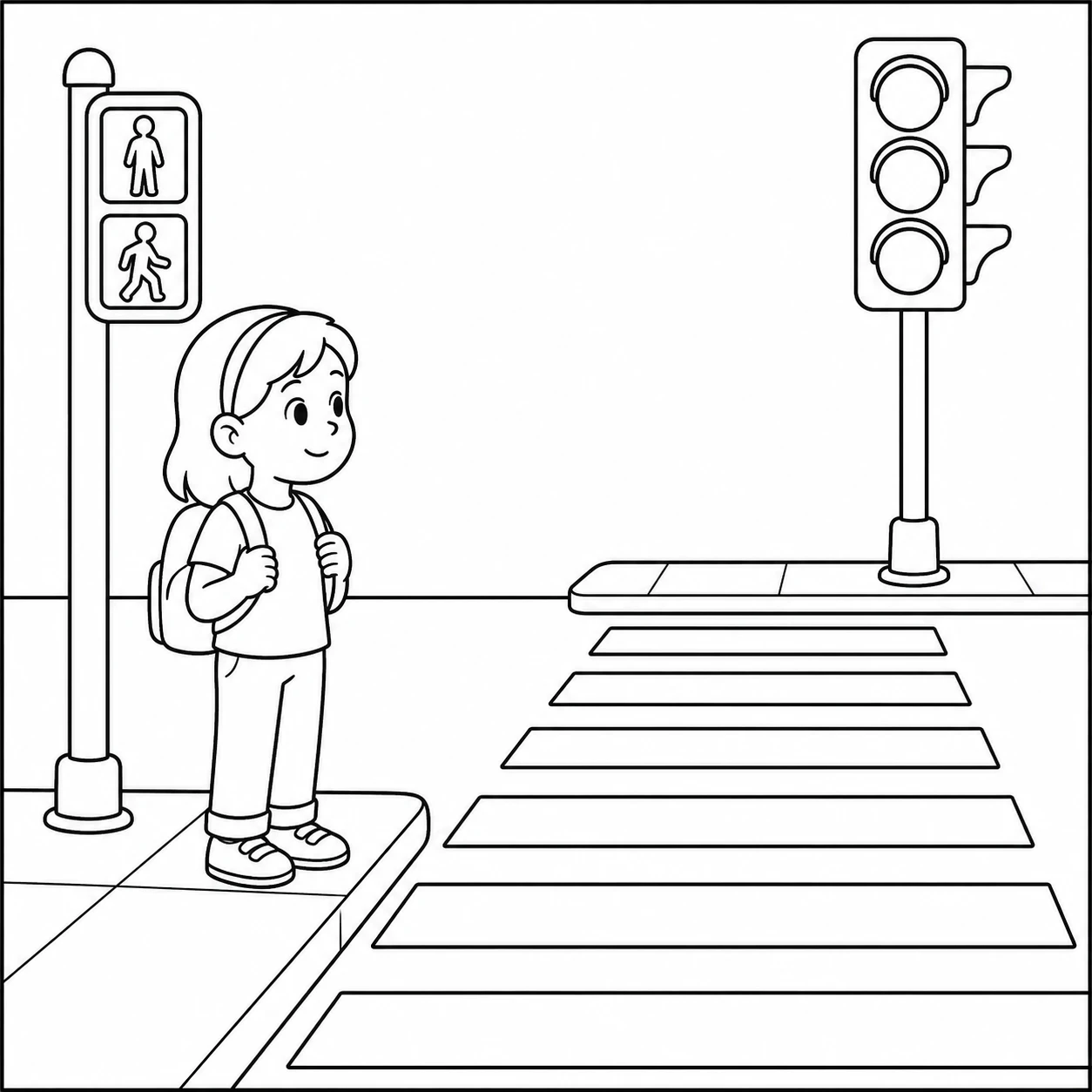 Meisje met rugzak wacht bij het zebrapad naast een kleurplaat verkeerslicht en voetgangerslicht
