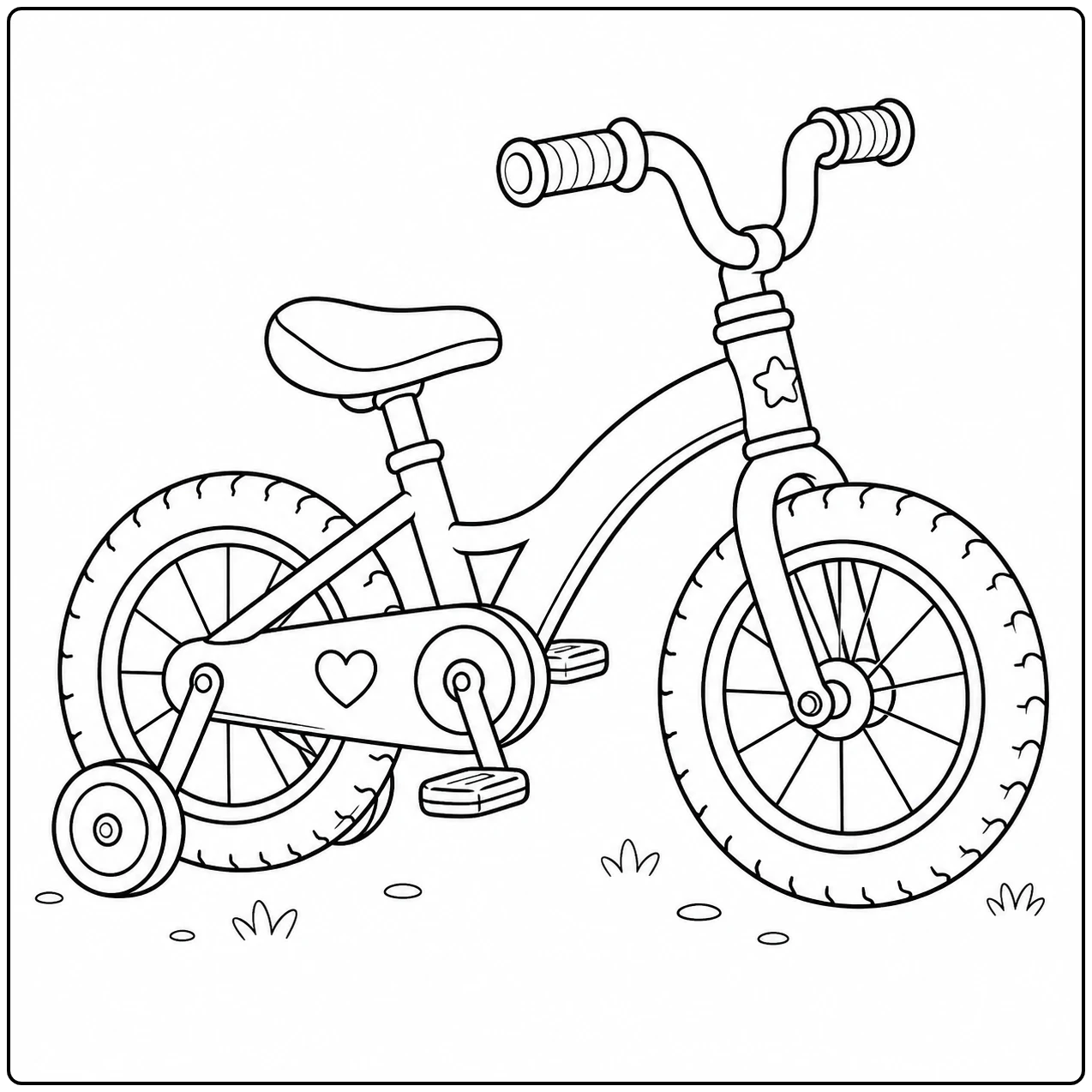 Kleurplaat fiets met een kleine kinderfiets, zijwieltjes en een hartje op de kettingkast