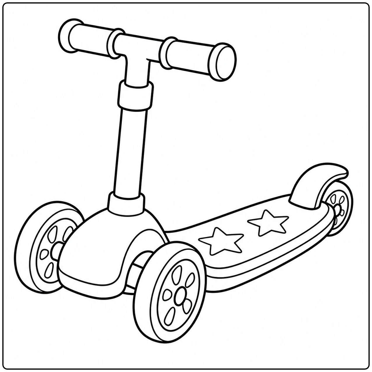 Driewielige kinderstep met brede voorwielen, achterrem en sterren op het voetbord.