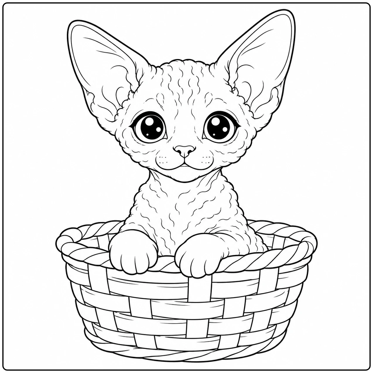 Devon Rex-kitten gluurt uit een gevlochten mand met beide pootjes op de rand.