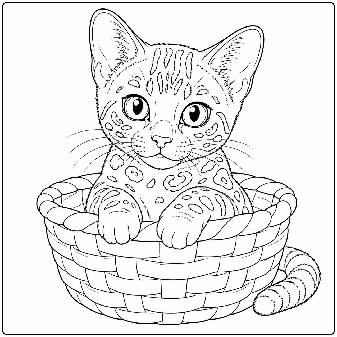 Kleine Bengaalse kitten zit in een gevlochten mand met de pootjes op de rand.
