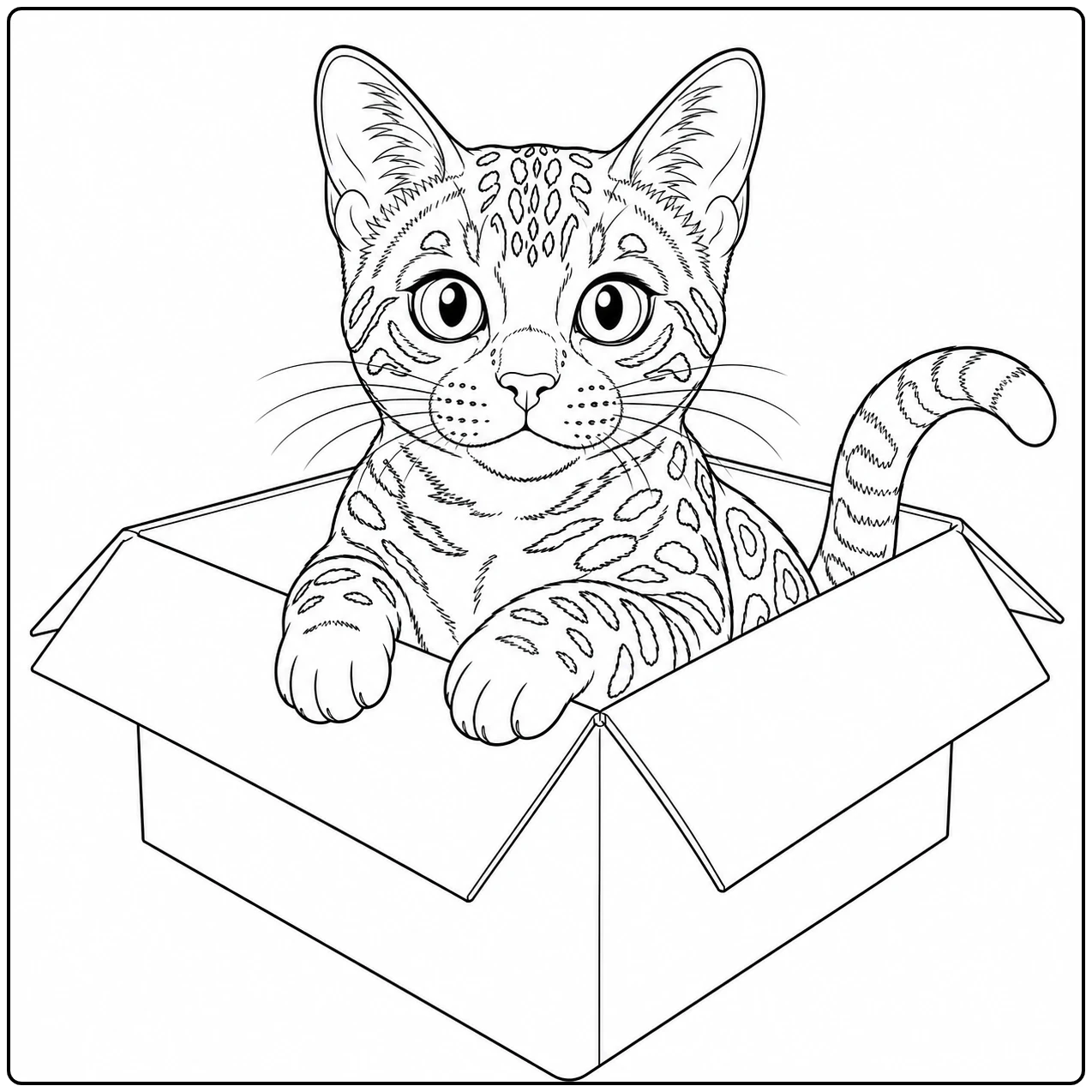 Jonge Bengaalse kat zit in een open kartonnen doos met één poot over de flap.
