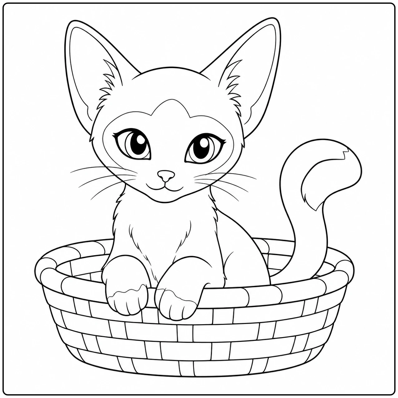 Kitten zit rechtop in een gevlochten mand; kleurplaat siamese kat met grote ogen en gekrulde staart