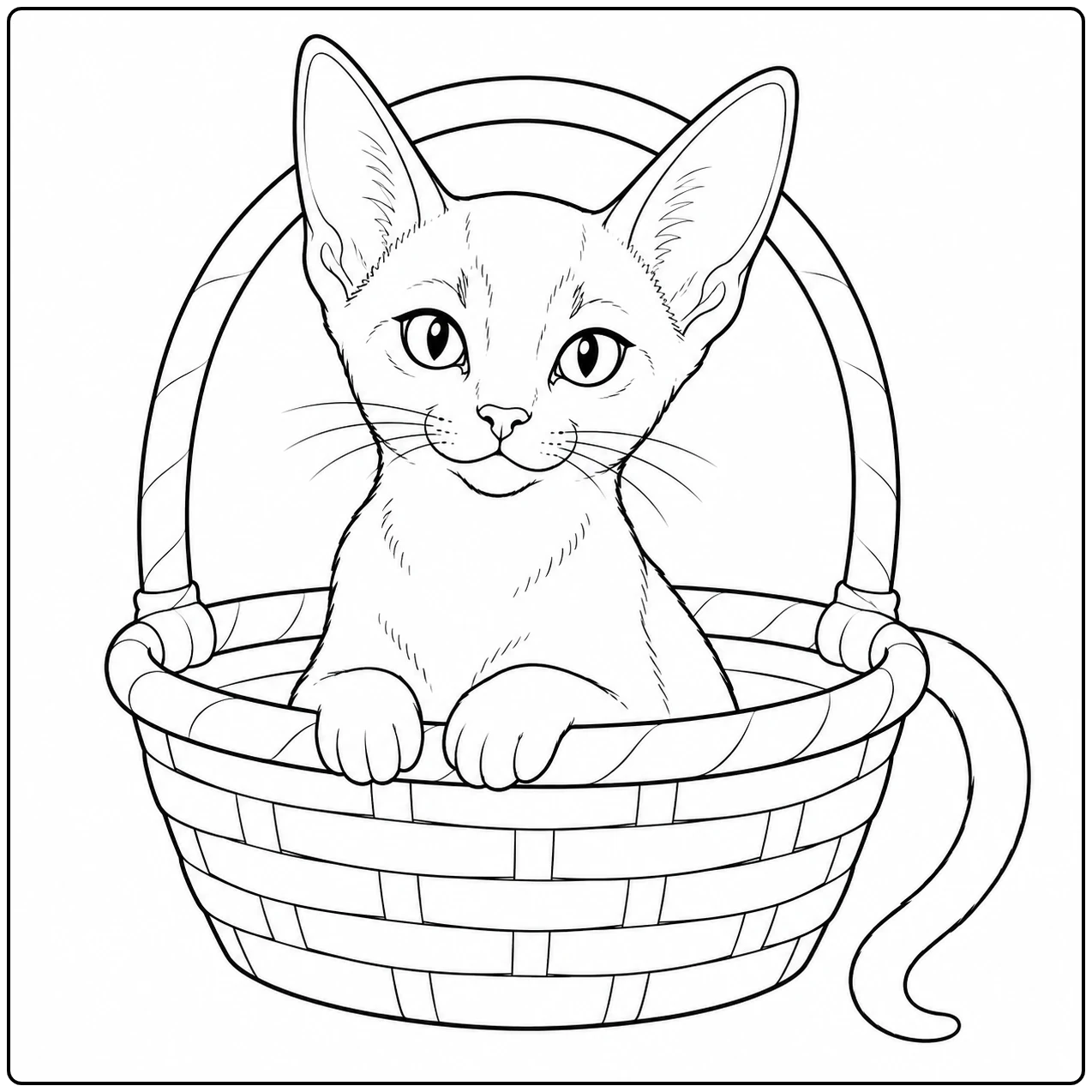Een jonge kat kijkt vanuit een gevlochten mand naar voren in deze kleurplaat abessijn.