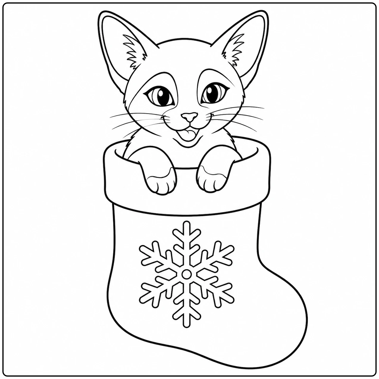 Kitten gluurt uit een kerstsok met sneeuwvlok en legt beide pootjes over de rand