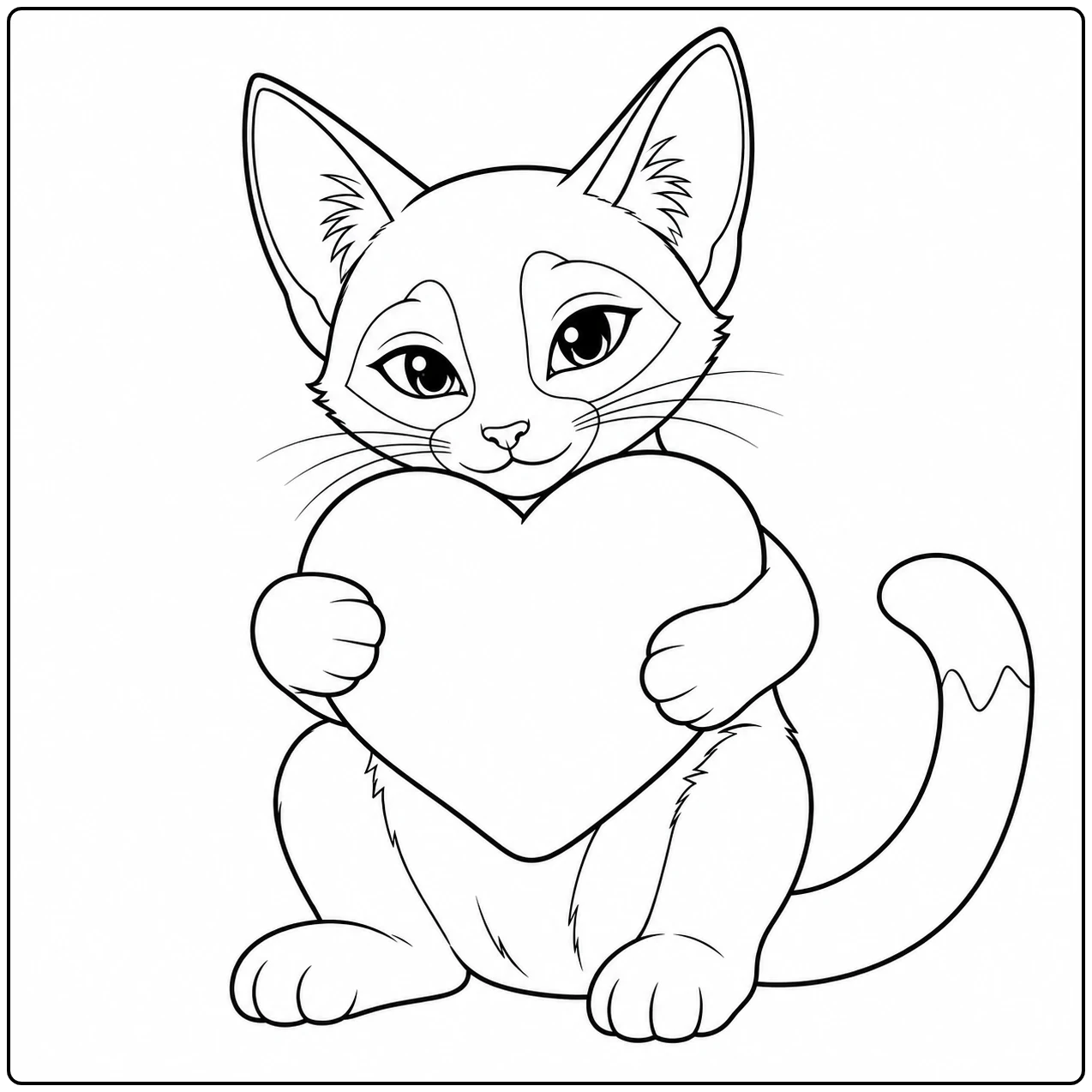 Zittende kitten houdt een groot hart vast, een lieve kleurplaat siamese kat met ronde ogen