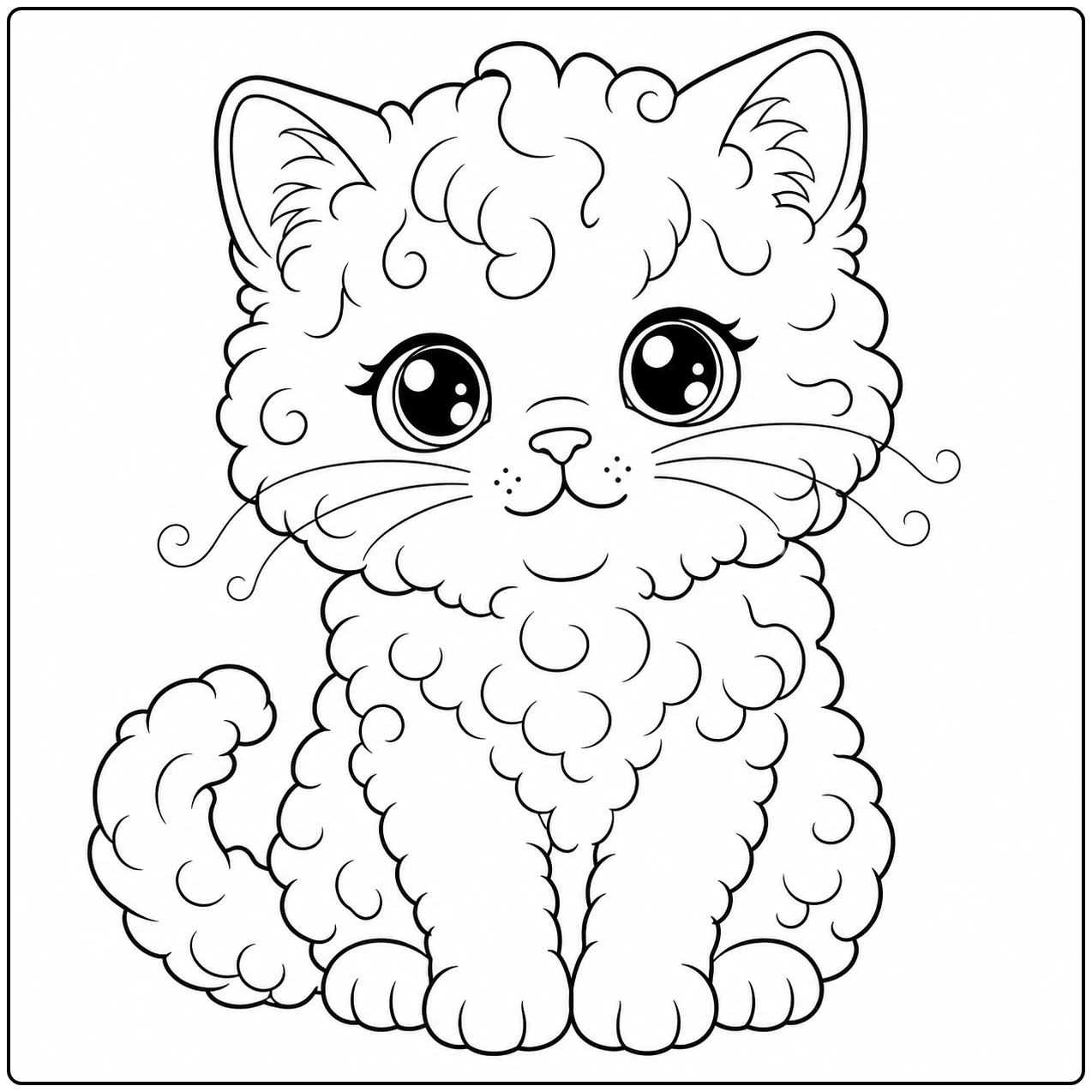 Krullig kitten zit rechtop met grote ronde ogen en een kleine staart langs de voorpoten.