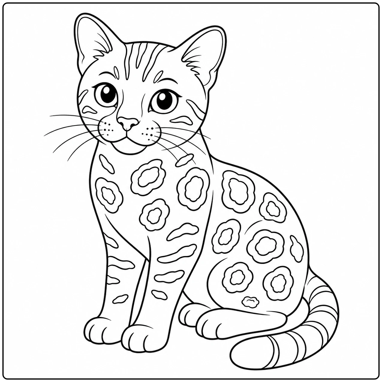 Zittende Bengaalse kitten met grote ronde ogen, rozetvlekken en een gekrulde staart.
