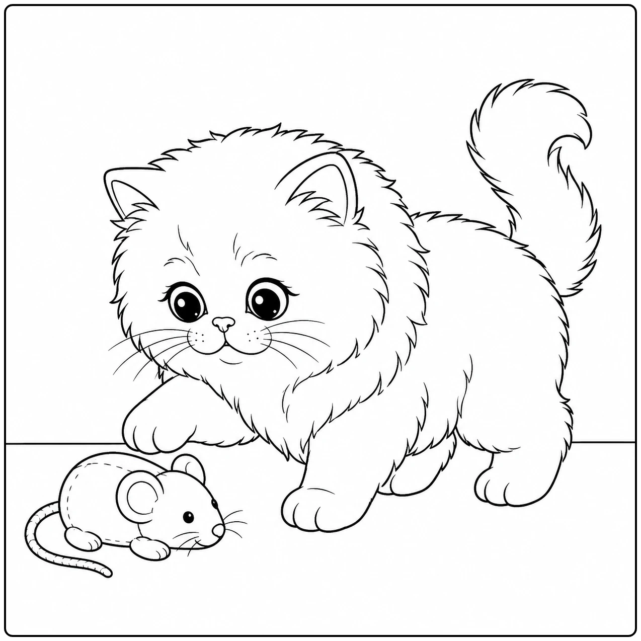 Nieuwsgierig Perzisch kitten staat met gebogen kop naast een kleine speelgoedmuis.