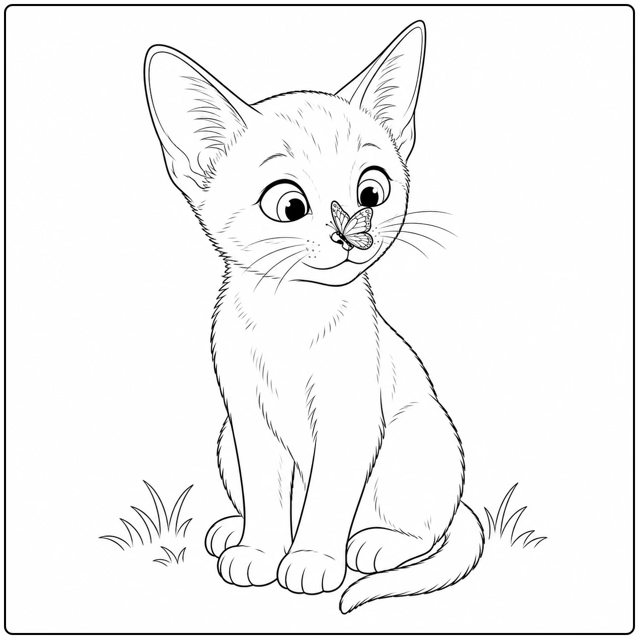 Zittende kitten met grote oren kijkt schuin opzij tussen enkele plukjes gras.