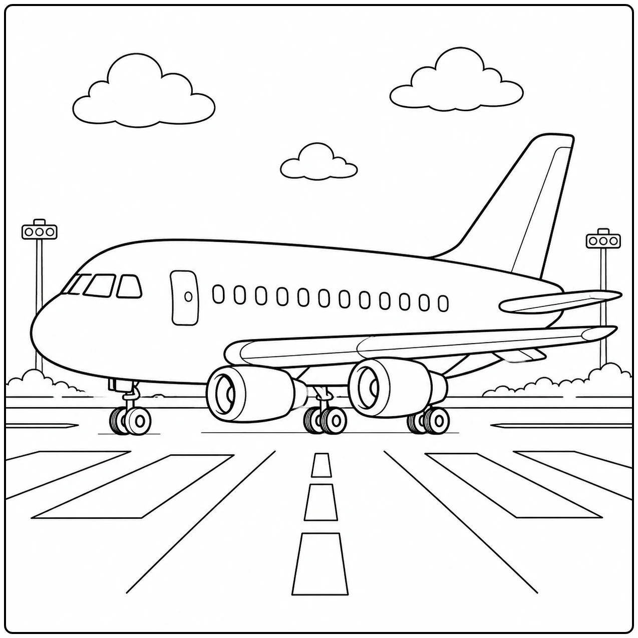 Passagiersjet staat midden op de startbaan met brede baanmarkeringen en luchthavenlichten.