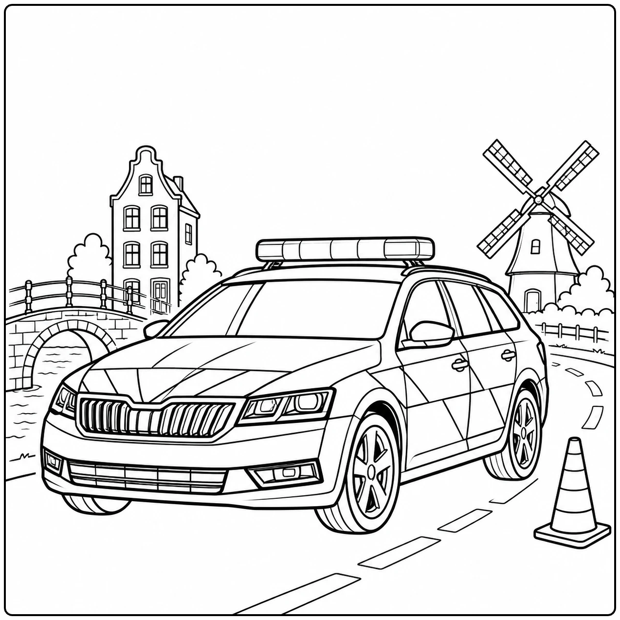 Kleurplaat politieauto centraal op een bochtige weg met kanaalbrug, smal huis, molen en verkeerskegel.
