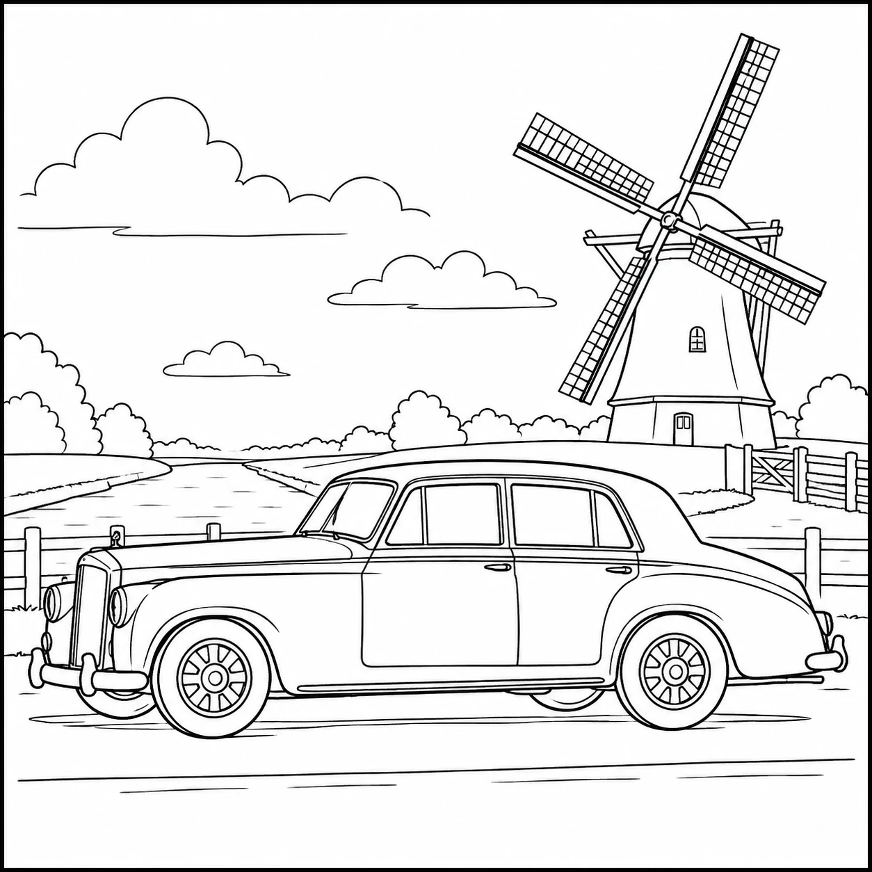 Lange klassieke sedan naast een windmolen in een rustig Nederlands landschap