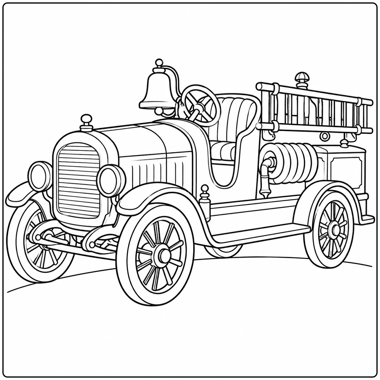 Klassieke oude brandweerwagen met spaakwielen, bel en opgerolde slangen