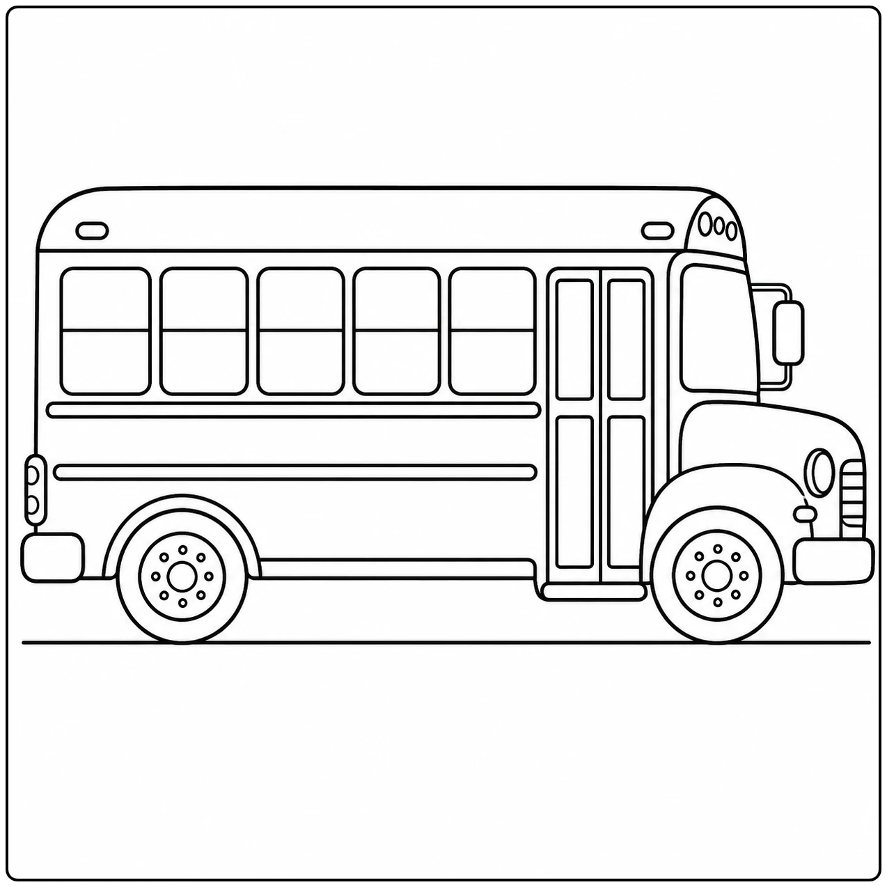 Klassieke schoolbus van opzij met grote ramen, dubbele deuren en ronde wielen op een lege achtergrond