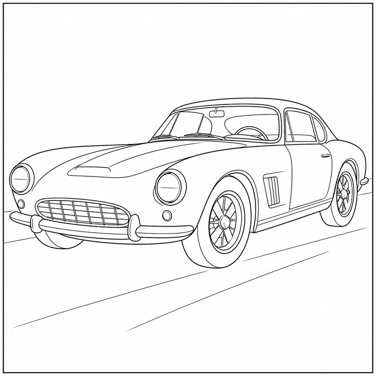 Klassieke sportcoupé met ronde koplampen, brede grille en karakteristieke spaakwielen