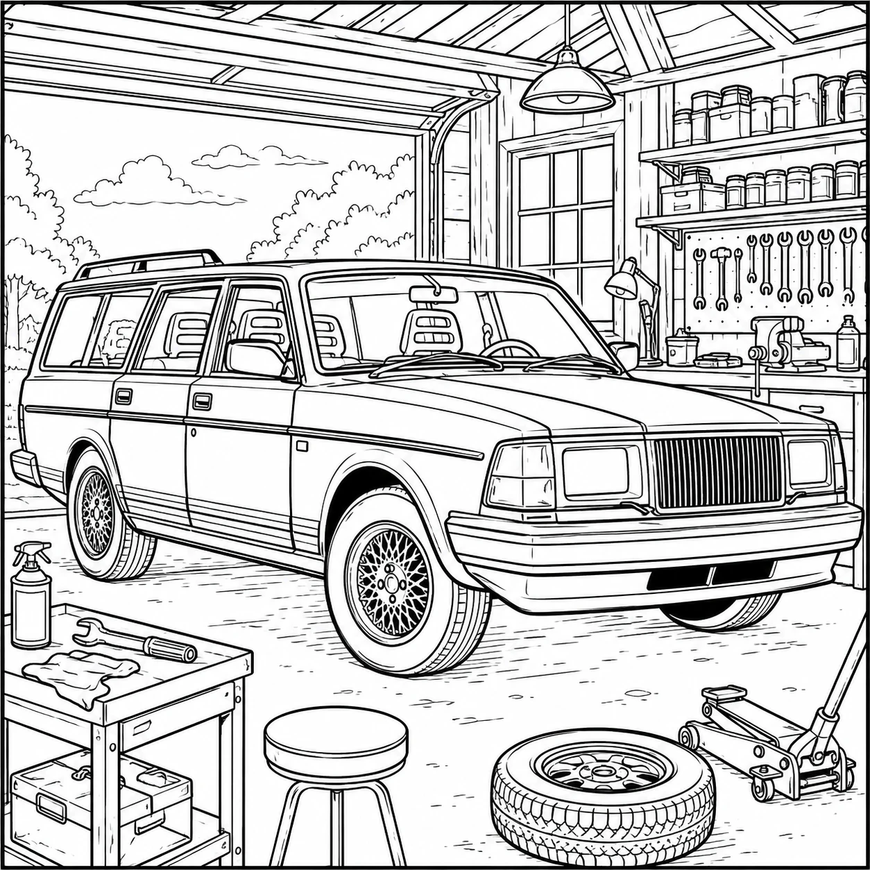 Klassieke wagen in een garageomgeving met gereedschap en onderhoudsdetails