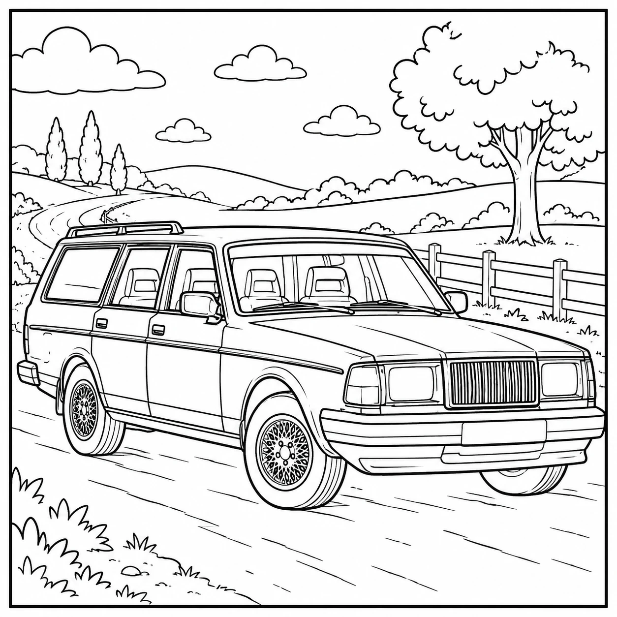 Klassieke stationwagen met brede ramen en een landelijke omgeving voor een rustige kleurplaat