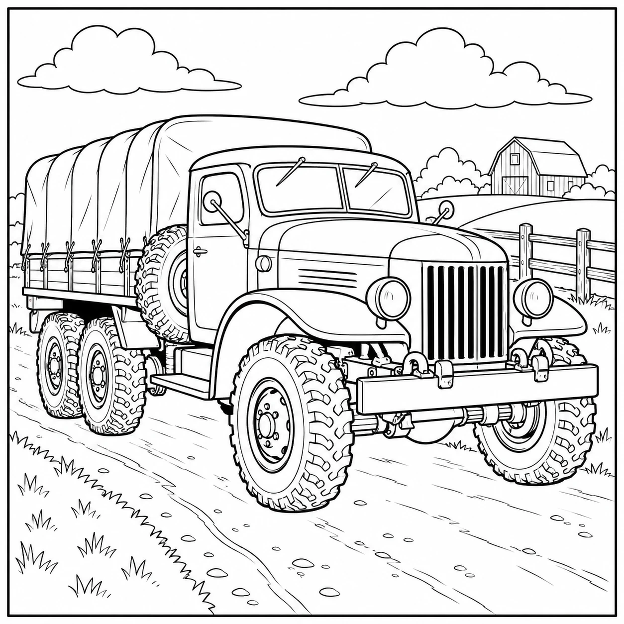 Klassieke kleurplaat leger vrachtwagen met huif rijdt langs een hek en huizen op het platteland.