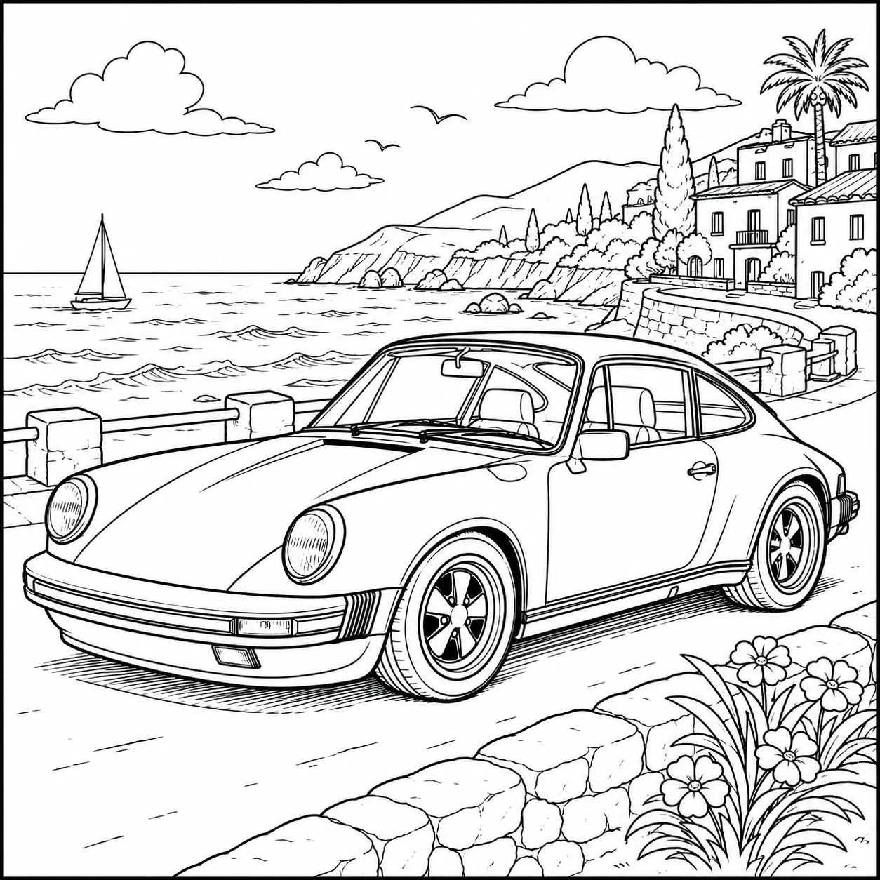 Kleurplaat auto porsche met een klassieke sportwagen langs de kust en bergen op de achtergrond