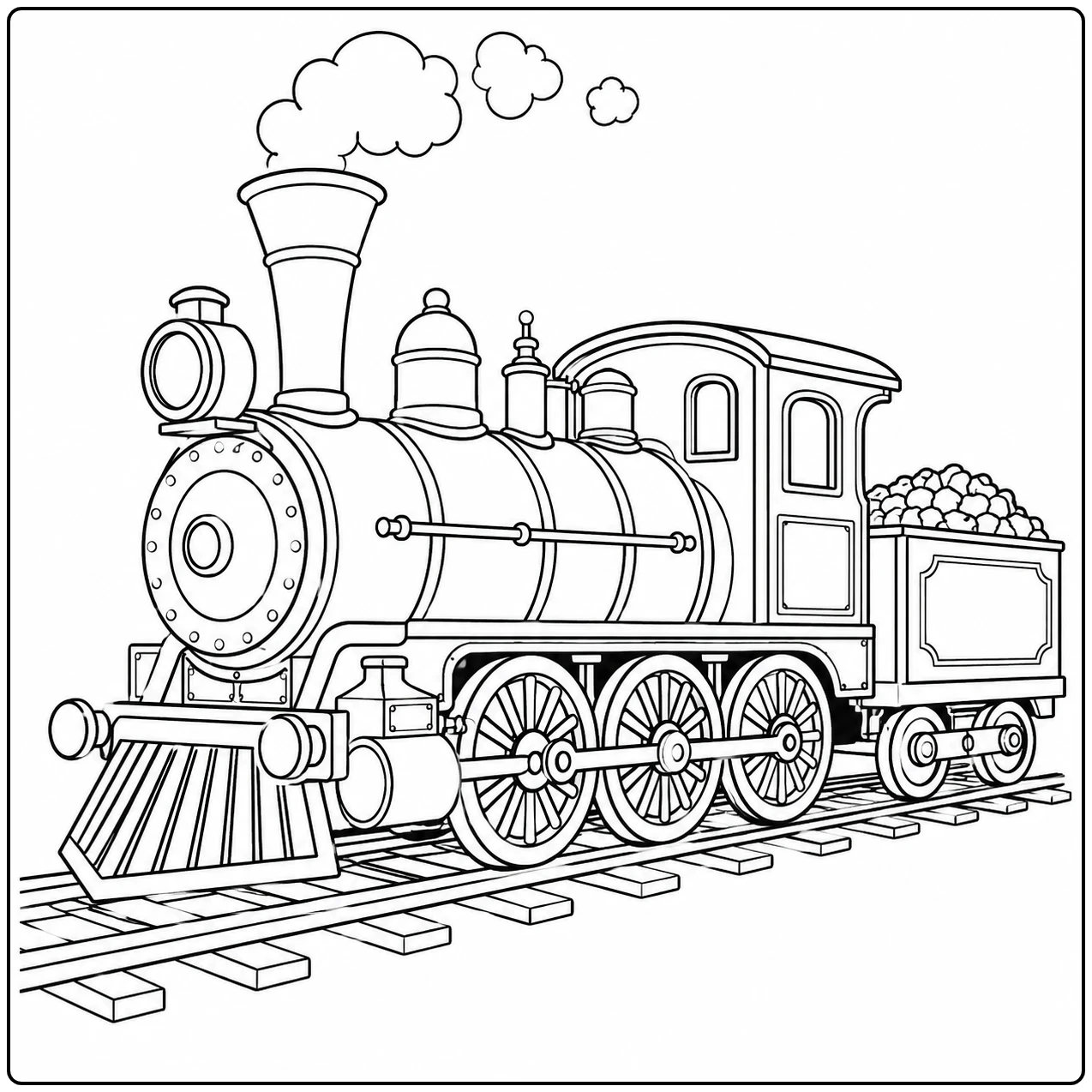 Klassieke stoomlocomotief met ronde voorkant, grote wielen en een korte kolenwagon