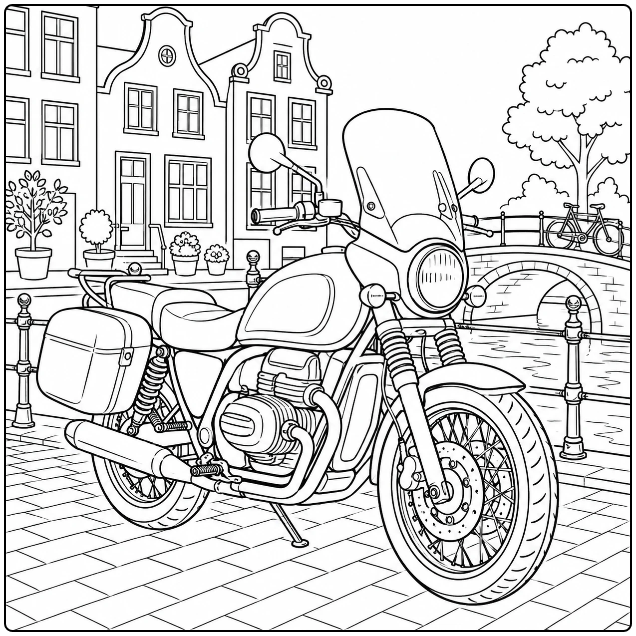 Klassieke toermotor met windscherm en koffers staat bij een gracht, brug en Nederlandse gevelhuizen