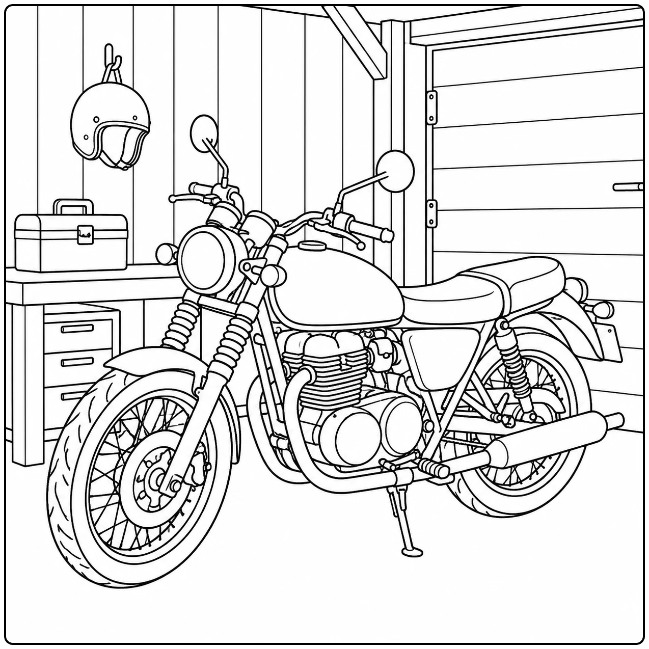Klassieke motor staat in een garage naast gereedschap, kasten en een opgehangen helm