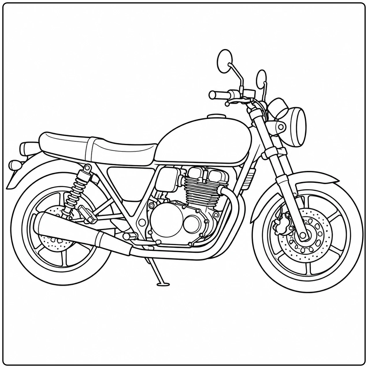 Klassieke kleurplaat motor yamaha in zijaanzicht met ronde koplamp en zichtbaar motorblok